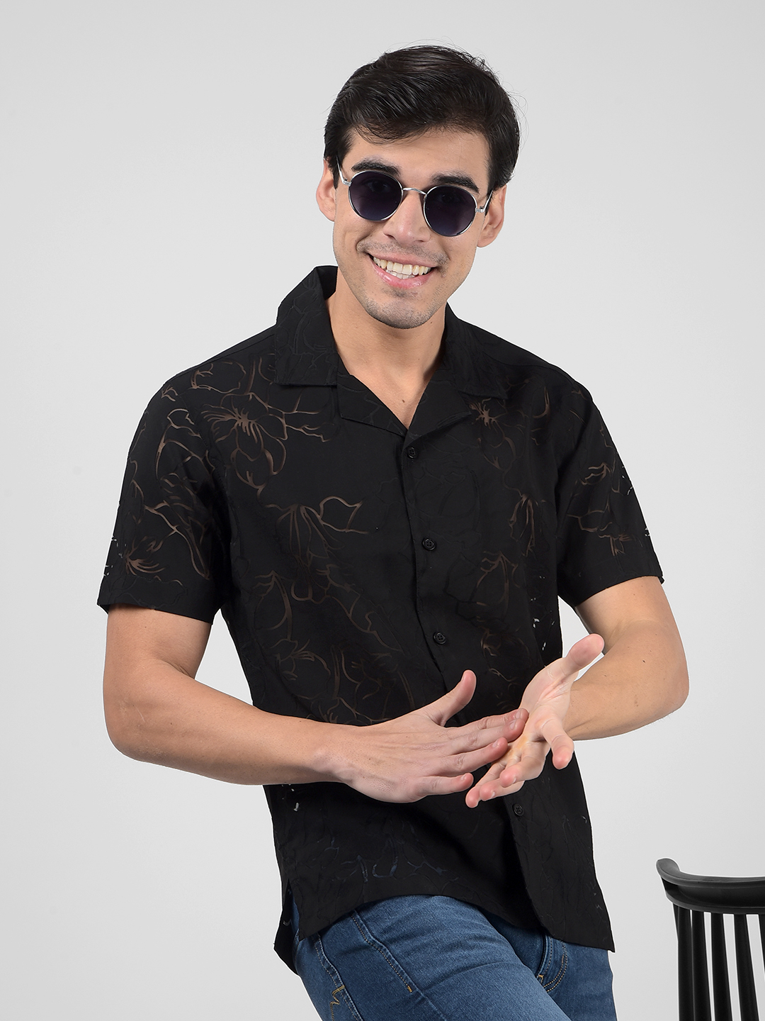 Numero Uno Men Floral Print Black Shirt